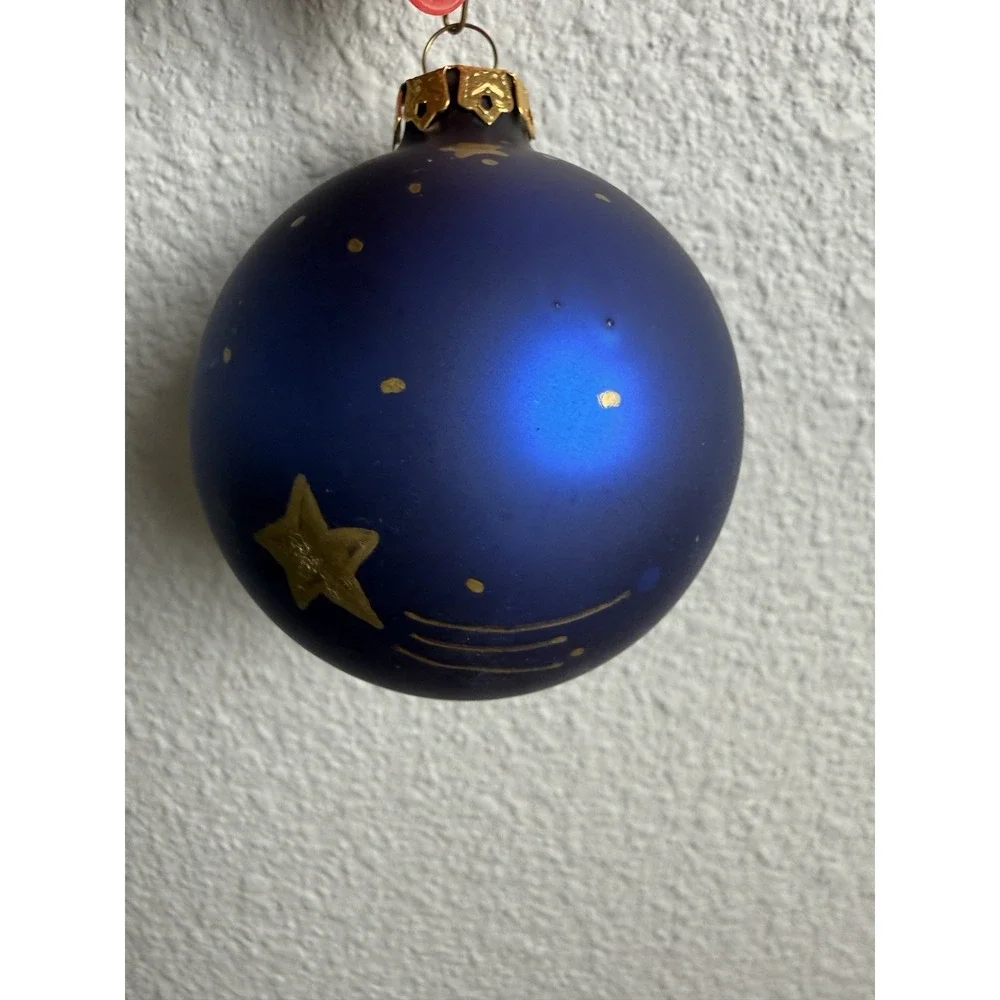 Signed Celestial Moon Stars Hand Painted Blue Glass Ornament Vintage 1993 Studio